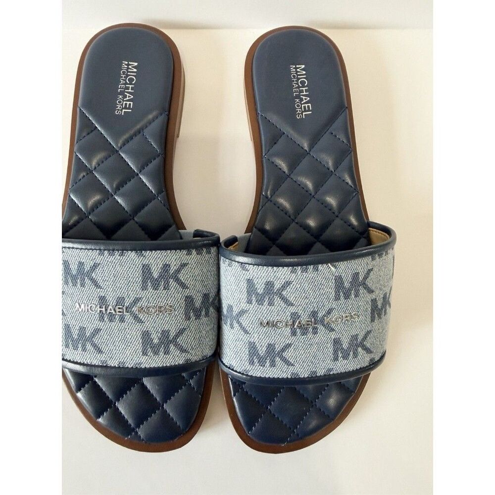 Michael Kors MK Logo Slide Sandals Blue Gray Women’s Size 7 Quilted - Picture 5 of 9